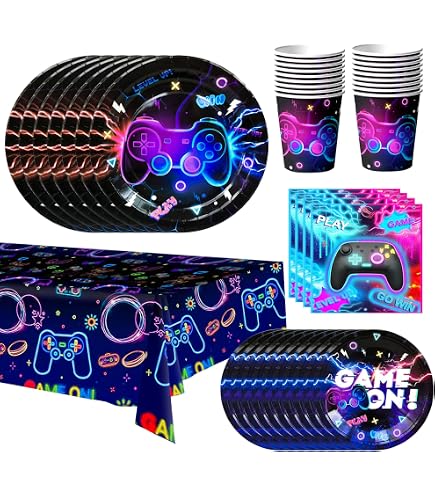 Kit Déco Anniversaire Gamer – 115 Pièces : Bannière, Ballons, Nappe Et Assiettes
