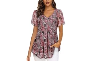 ACDAY Womens Blouses V Neck Ladies Tops Petal Short Sleeve Chiffon Tops Double Layers Mesh Tunic Tops Casual Shirts