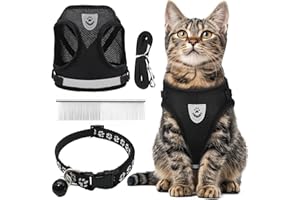 CUEMOON Katzengeschirr mit Leine Softgeschirr für Katze, Katzenleine mit Geschirr für Katzen Verstellbar Katzen Geschirr Set Cat Harness Softgeschirr für Katze (Schwarz, S)