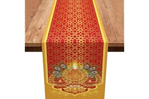 XINVERY Diwali Table Runner,Red Gold Diwali Table Decoration India Deepawali Festival Table Runner Holiday Kitchen Dining Table Decoration for Home Party Decor 13x72 Inch