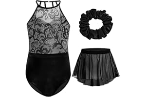 Gogokids Girls 3 PCS Halter Gymnastics Set, Kids Gymnastics Leotard with Rhinestone & Mesh Floral Design, Sparkling Ballet Unitards Includes Leotard, Chiffon Skirt & Hair Tie Gymnastics Gifts for 3-12