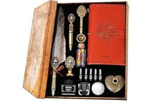 MPRINCE Feather Pen Ink Set,Includes Quill Pen,Notebook,Ink,5 Replaceable Nibs,Pen Holder,Cup,Seal Stamp,Spoon,Wax Bead,White Wax,Envelope & Letter Paper Etc-Grey