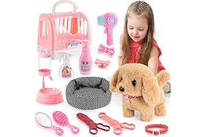 Htoyza Walking Dog Toys for Kids, 14Pcs Electric Interactive Toy Puppy Dog Barking, Wagging Tail, Pet Care Kit Pretend Role Play Set Birthday Present, Gift Toys for Girls Boys 2 3 4 5 6 Year Old