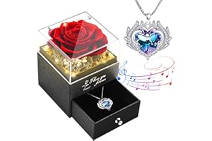 HSUNER Valentine's Day Rose Gifts for Women, Preserved Real Rose with Love Heart Necklaces, Eternal Rose Flower Music Box with LED Lights, Anniversary Birthday Forever Flower Gifts for Her Wife Girlfriend