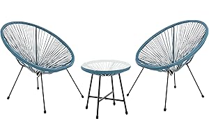 EVRE Goa Teal Acapulco Styled Egg Shape Conversational Garden Furniture Bistro Patio Outdoor Set For Balconies Gardens Terraces 2 Chairs 1 Glass Top Table