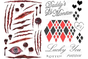 TOP TATS Halloween Scars &#43; Harley Quinn Suicide Squad Fancy Dress Outfit Temporary Tattoos,Sexy Cosplay, Comic Con