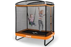 GYMAX 2-en-1 Trampoline Intérieur Enfants avec Balançoire, Grand Trampoline Extérieur Jardin pour 2 Enfants 3 Ans+, Filet de Sécurité, Tapis de Saut sans Vide, Patins Antidérapants, Charge Max.100KG