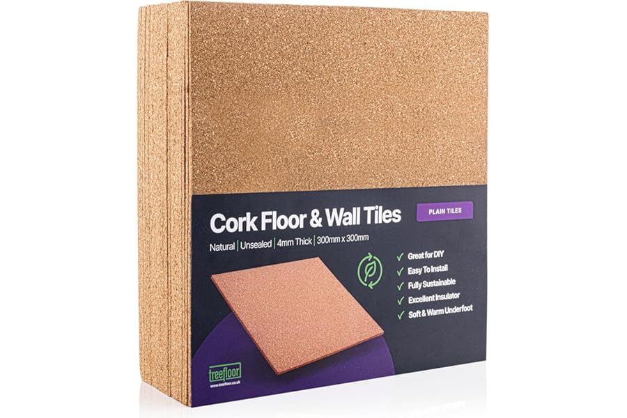 Treefloor Natural Plain Cork Tiles - 300mm x 300mm x 4mm (Plain, 100, Tiles)