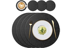 YUNJUER Round Silicone Placemats (34cm) and Coasters (10cm) Set of 4, Heat-Resistant 450 °F, Non Slip Washable Place Mats for Home, Hotel, Kitchen, Indoor, Outdoor Glass Dining Table, (Black)