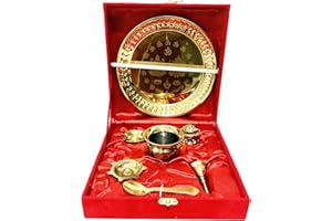 Gavya International Gold Plated Diwali Pooja thali Set Ladoo gopal bhog plate/raksha bandhan/Navaratri/navratri Plate Gift Puja for Aarti janmashtami With Red Velvet Box - 8.5 inch