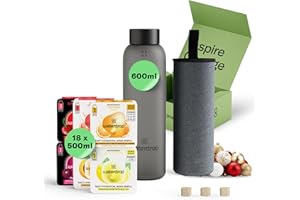 WATERDROP MICRODRINK waterdrop® Bottiglie Vetro 600ml con 18 Drops senza zucchero - idee regalo donna - Pacchetto degustazione con Borraccia e 6 gusti aromatizzanti per acqua, senza zuccheri - Cofanetto regalo donna