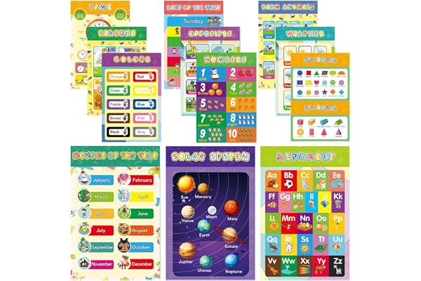 Supatmul 16 pièces Affiche Éducative pour Les Enfant - Poster educatif Enfant pour Maternelle, Comprend: Chiffres, météo, Couleur, Mois, Semaine, Alphabet, Ferme, système Solaire et Plus Encore