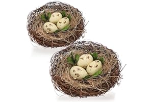 ‎COM-FOUR com-four® 2X Deko-Vogelnest mit Eiern, naturgetreues Nest aus Zweigen und Stroh mit Kunsteiern, tolle Dekoration zu Ostern, realistisch, handgefertigt (2 Stück - Vogelnest mit Ei 16x16cm)