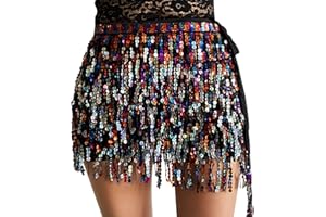 Falafoty Sequin Tassel Skirt Belly Dance Sequin Tassel Hip Performance Skirt, Fringe Sparkly Belt Party Costume Dance Mini Wrap Skirts Tassel Hip Scarf for Women and Girls, Purple