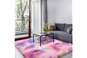 SOANNY Living Room Rugs, Soft Fluffy Area Carpet for Bedroom Dorm Nursery Bedside Kids Room Lounge Office, Luxury Tie-dyed Shag Washable Throw Decor for Home, Pink Rainbow, 90x150 cm