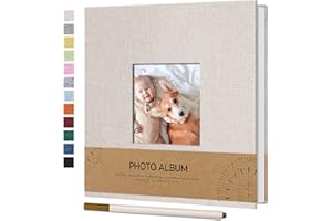 Vienrose Álbum de Fotos Autoadhesivo con Ventana para Fotos de 10x15, Pequeño Álbum de Recortes de Lino 40 Páginas Blancas DIY Libro de Recortes con Bolígrafo de Metal, 17x18 CM Beige