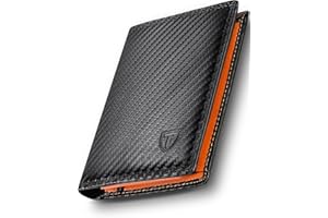 TEEHON Wallets Mens RFID Blocking, Carbon Fiber Leather UK, 12 Credit Card Holders & ID Window & Coin Pocket & 2 Banknote Compartments, Bifold Wallet w/ Gift Box Black & Orange, 12. 5x10. 5x1. 9cm