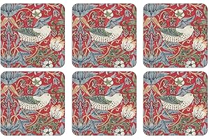 PIMPERNEL Portmeirion Home & Gifts Juego de 6 Posavasos Strawberry Thief Rojo ladrón Fresa (s), Madera y Corcho, 10.5 x 10.5 x 0.58 cm, 6