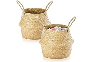 Exquilnova 2PCS Seagrass Storage Baskets,Small Laundry Basket,Baskets for Shelves,Foldable Rattan Storage Box,Wicker Basket with Handle,Wicker Plant Pot for Living Room,Bedroom,Bathroom (M 24x26)