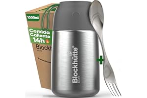 Blockhütte Termo Comida Caliente de acero inox I 1L I Con Cepillo y Cuchara - Termo para Comida Caliente até 14 h - Fiambrera Termica para adultos y niños - Recipientes Termicos