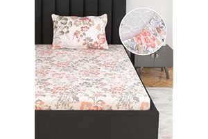 Divine Casa 144 TC 100% Cotton Floral Print Peach Super Soft Elastic Fitted Bedsheets Single Bed - 198 x 90 CM