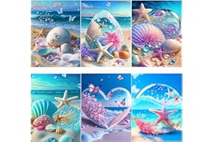 Kikuo Diamond Painting Full Set, 6 Stück 5D Diamant Painting Bilder, DIY Diamant Painting Full Drill Strand Seestern, DIY Diamond Painting Malerei für Kinder Erwachsene Wohnzimmer Wand Decor 30x40cm
