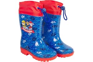 PERLETTI Bottes de Pluie Pat' Patrouille Garçon - Bottines Enfants Chiots Policiers Stella Chase Marcus avec Cordon - Boots Enfant Paw Patrol Bleu Rouge Semelle Antidérapante