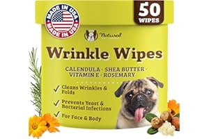 Natural Dog Company Wrinkle Wipes for Dogs, 50 Count, Hypoallergenic Dog Wipes, Wrinkle Wipes French Bulldog, Cleaning & Deodorizing, Dog Wipes for Grooming Faces, Paws & Butts