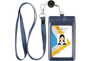 Teskyer Porta Badge, Porta Badge Da Collo in Pelle PU, con Cordino Retrattile, 2 Slot Per Carte, 1 Cancella Finestra ID, Porta Badge Per Lavoro, Scuola, Blu