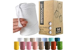 MeriWoolArt® Makramee Garn Weiß - Makramee Garn 3mm farbig 200m - Super weiches Garn, einfach gedrehte Makramee Schnur - Öko-Tex 100% recyceltes Baumwollgarn farbig - DIY Boho Deko Makramee
