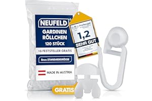 ‎NEUFELD NEUFELD® 120 Gardinenröllchen für Innenlauf Schienen (inkl. 6 Feststeller) I Waschfeste Vorhangrollen I Gardinenhaken Gleiter [8mm Standardgröße] (120)