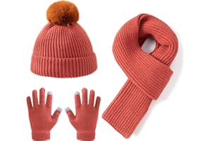 Lallier 3-teiliges Kinder-Set mit Mütze, Schal und Schneehandschuhen, Winter Strickmütze, warme, weiche Pom-Pom Mütze für Jungen, Mädchen und Kleinkinder