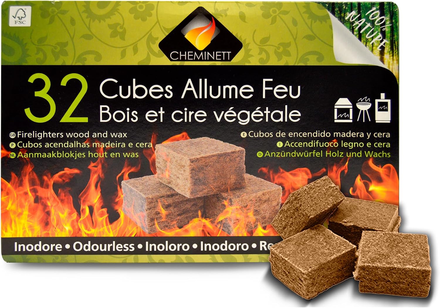 CHEMINETT 15751-32 Cubos Encendido precortados Cheminett naturales para encender chimeneas, estufas y barbacoas