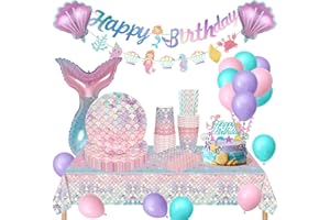 YIMAKJ Meerjungfrau Partygeschirr Set, Geburtstag Party Geschirr, Pappteller Kindergeburtstag Set mit Luftballons Tischdecken Tassen Servietten für Meerjungfrau Deko Kindergeburtstag Babyparty