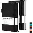 RETTACY Pocket Journal Notebook, 2-Pack, 160 Numbered Lined Pages per Pack, A6 Mini Small Size (3.5" × 5.5"), for Work, Journaling, Leather Hardcover, 100 GSM Thick Paper (Black & Black)