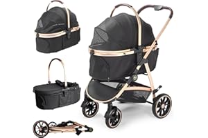 DAISTERN Carro para Perro 3 en 1 25KG, Carrito Gato Plegable de Viaje Mascotas con Marco de Aleación Alúmina Anódica 360 °Neumáticos de Goma Giratorios Gran Capacidad de Almacenamiento, Marrón