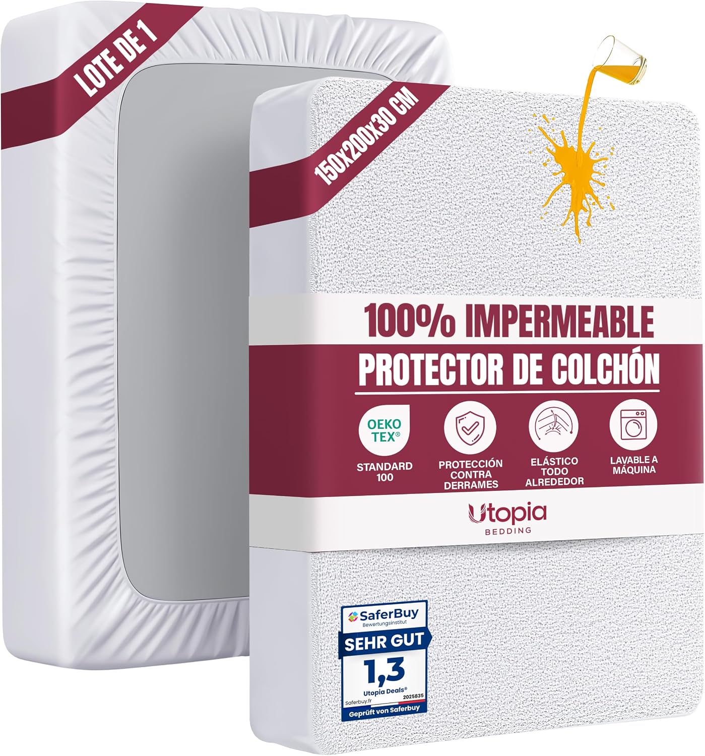 Utopia Bedding Protector Colchón 150 x 200 x 30 cm Impermeable, Certificación Oeko-Tex Funda Colchón, Cubre Colchón Transpirable, Elástico En Todo El Contorno