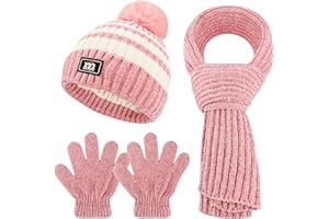 QKURT Children Beanie Hat Scarf Glove Set, Kids Winter Warm Knitted Set Stripe Thermal Cap with Pom Hairball Neck Warmer Gloves Soft Hat Scarf Mitten for 5-12 Years Old