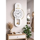 Hareketli sarka&ccedil;, Cam Y&uuml;zeyli, Metal halkalı, Dekoratif Duvar Saati - ROMA 70CM (BEYAZ GOLD)