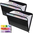 Thimmamma 2 Pack Expanding File Folders A4, 13 Pockets Filing Accordion Folder Document Organiser w/ Zipper, Black Portable Wallet Document Bill Storage Expander w/ Colored Tags for Office & School