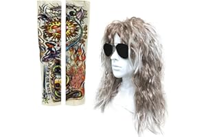 SKHAOVS Peluca Blanco Unisex rizos melena despuntada,Tatuaje Mangas, estrella de rock Accesorios Disfraz Rockero Metal Pesado Accesorios Disfraz Años 80, Halloween Accesorios Punk (Blanco)