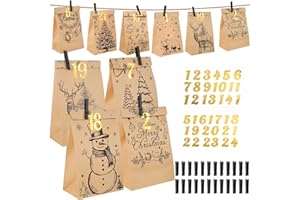 WORIC Kalendarz adwentowy do napełniania, 24 papierowe torebki brązowe, z naklejkami z liczbami 1-24 i drewnianymi klamerkami, kalendarz adwentowy do samodzielnego wykonania, kalendarz adwentowy dla
