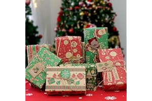 DIJIA Carta Regalo Natale-12 Fogli 50 x 70 CM Carta Regalo Riciclata Kraft Carta Regalo Natalizia con 18 Etichette e 20M Corde, 6 Diversi Motivi Natalizia