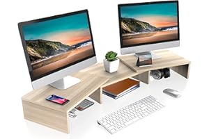 FITUEYES Dual Monitor Stand Wood PC Laptop Computer Screen Riser, 3 Shelf Swivel Length Adjustable, Home Office Supplies, Desk Organzier, Max Load 25kg,Oak