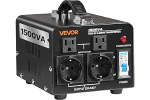 VEVOR Spänningsomvandlare, 1 500 VA, Lift/Reducer Transformator, konverterar 110 V till 220 V och 220 V till 110 V med amerikanska och EU-uttag, strömkabel och strömbrytare