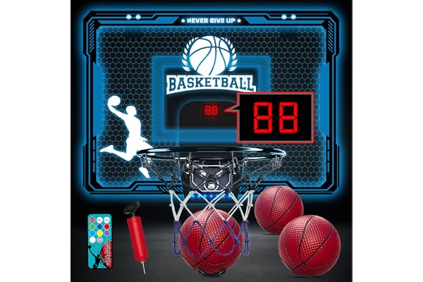 BuzzoXerex basketkorg barn inomhus, mini basketkorg för rum dörr med fjärrkontroller, 4 bollar, resultattavla, 7 färger ljus, basketleksak för pojkar flickor