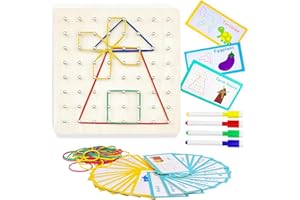 VINGAHOUSE Geoboard de Madera, Montessori Juguetes 3 4 5 Educativos Geometría Geoboard Escuela Primaria con 30 Cartas de Patrón 53 Bandas Elásticas para Crear Figuras y Formas per Niños de 3 4 5 6 [18x18CM]