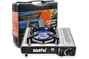 HIBRON Hornillo de Camping Portátil - Compacto, con Maletín de Transporte - Compatible con Cartucho de Gas Certificado EN17476 ó UL147B - Ideal para Acampada