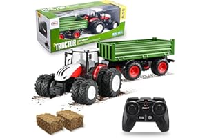 Hlieeosfcn Tractor Juguete,Tractores de Juguete Tandem Axle Trailer,Tractor de Granja con Remolque para niños de10 años con Dos baterías Control Remoto Coche de Juguete Regalo del día de los niños