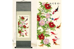 Newscz asiatisk väggkonst för vardagsrum, chinos seriedekor, vertikal väggrulle, sidenrulle, målning, konst affisch, pioner, blommor och fiskar, orientalisk dekoration, konst, väggmålning